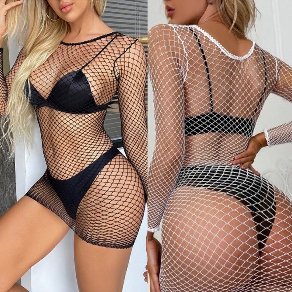 Long-Sleeve Fishnet Top/Dress/Cover-up 